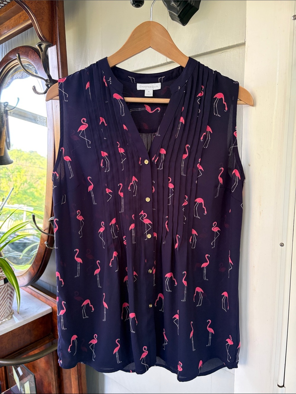 Charter Club Navy Sleeveless Blouse with Pink Flamingo Print